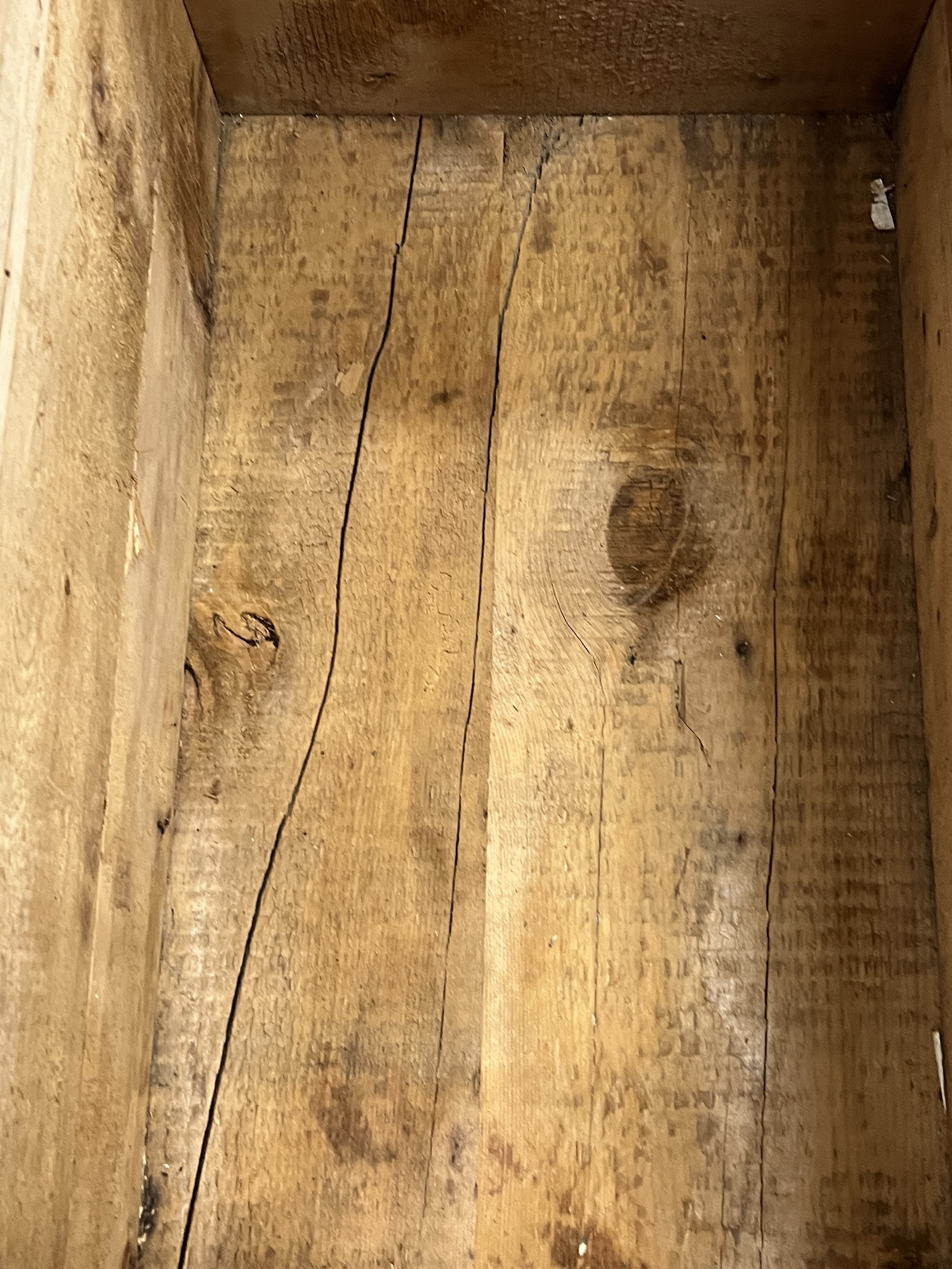 A Victorian rectangular pine trunk, width 90cm, depth 48cm, height 43cm